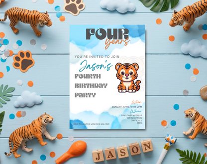 Tiger Fourth Birthday Invitation Template | Editable Canva Template | 5x7in & WhatsApp | Digital Download