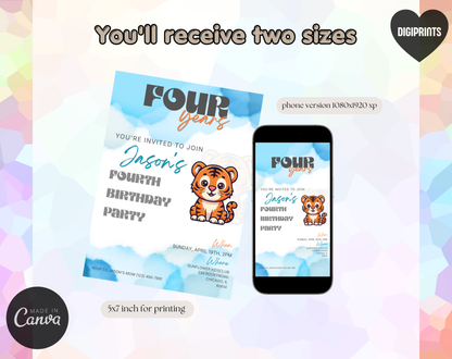 Tiger Fourth Birthday Invitation Template | Editable Canva Template | 5x7in & WhatsApp | Digital Download