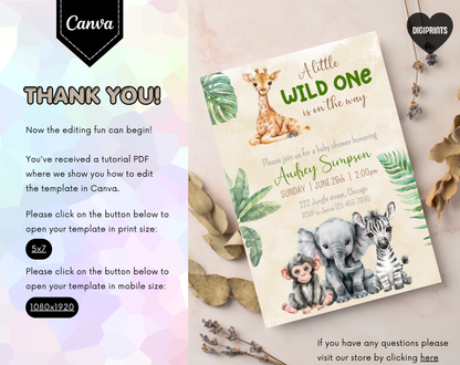 Safari Baby Shower Invitation Template Beige | Editable Canva Template | 5x7in & WhatsApp | Digital Download