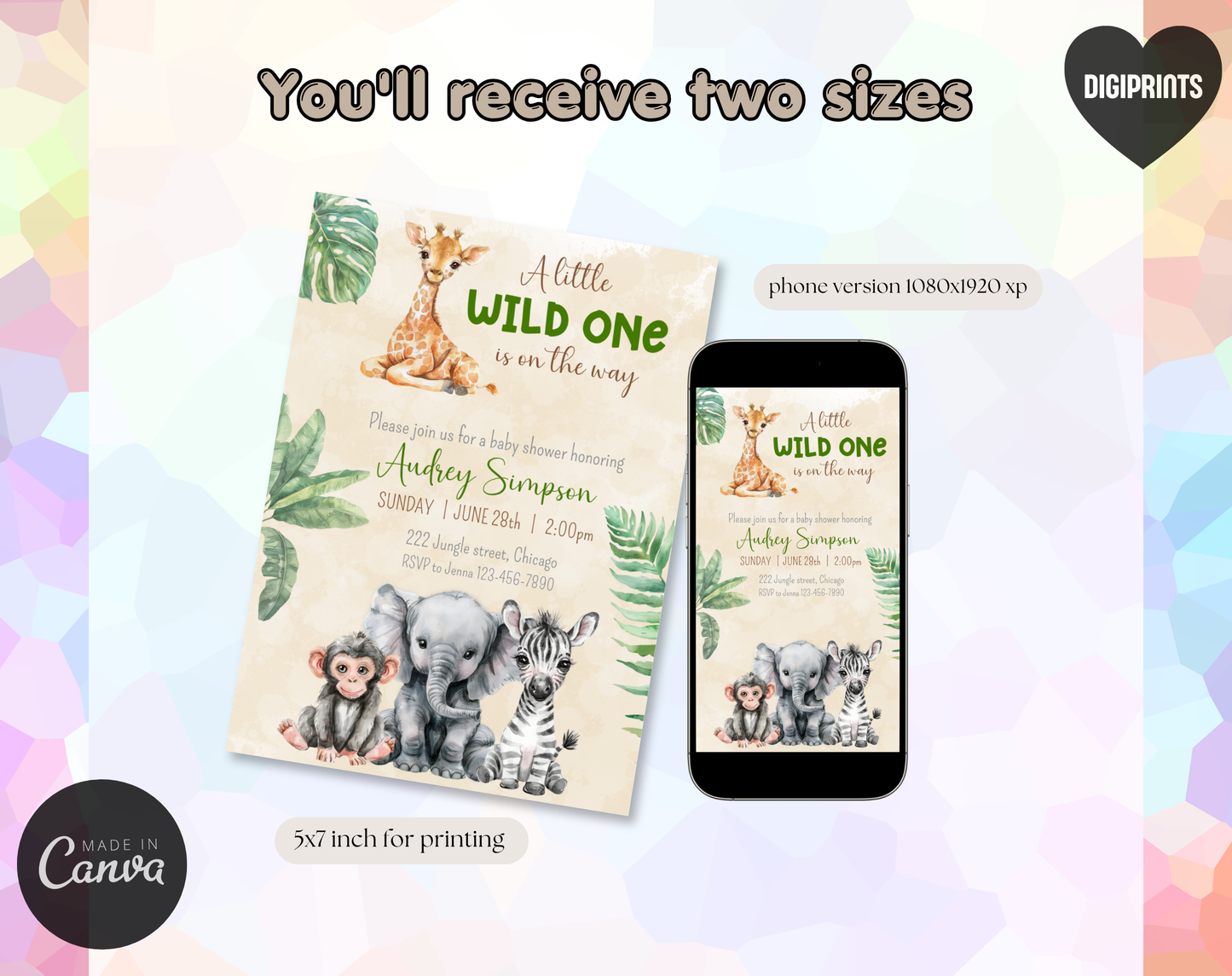 Safari Baby Shower Invitation Template Beige | Editable Canva Template | 5x7in & WhatsApp | Digital Download