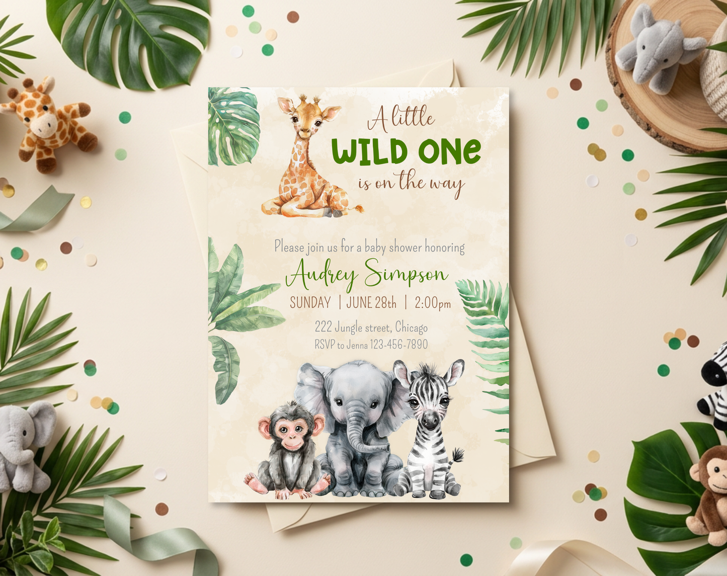 Safari Baby Shower Invitation Template Beige | Editable Canva Template | 5x7in & WhatsApp | Digital Download
