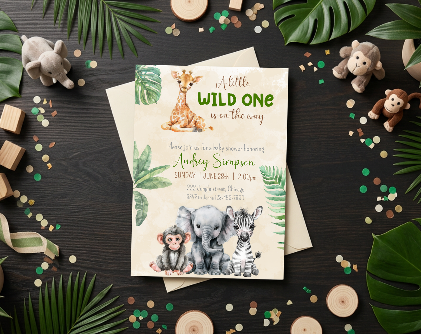 Safari Baby Shower Invitation Template Beige | Editable Canva Template | 5x7in & WhatsApp | Digital Download