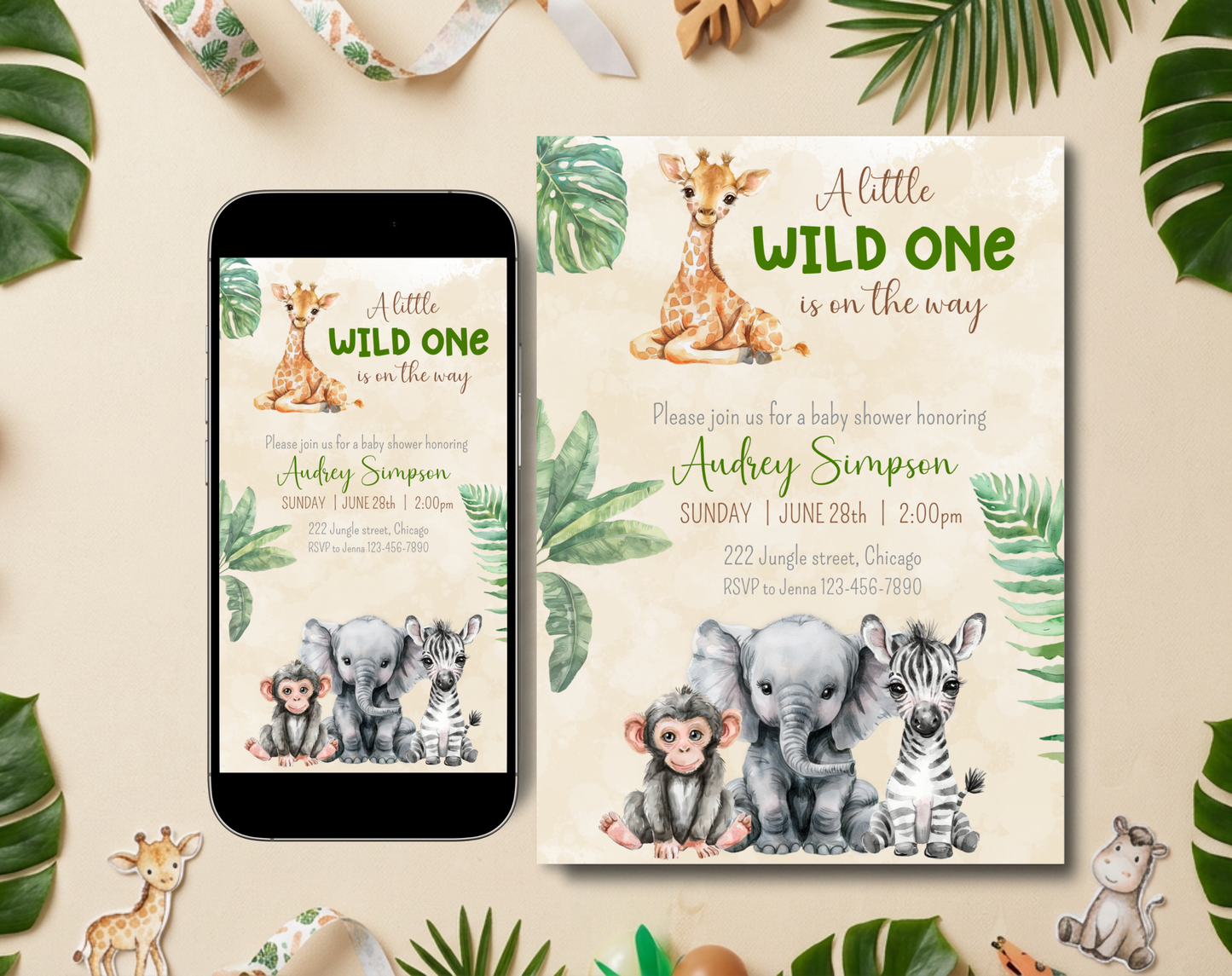 Safari Baby Shower Invitation Template Beige | Editable Canva Template | 5x7in & WhatsApp | Digital Download