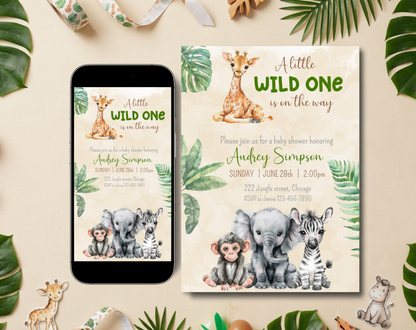 Safari Baby Shower Invitation Template Beige | Editable Canva Template | 5x7in & WhatsApp | Digital Download