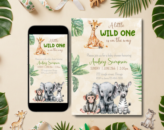 Safari Baby Shower Invitation Template Beige | Editable Canva Template | 5x7in & WhatsApp | Digital Download
