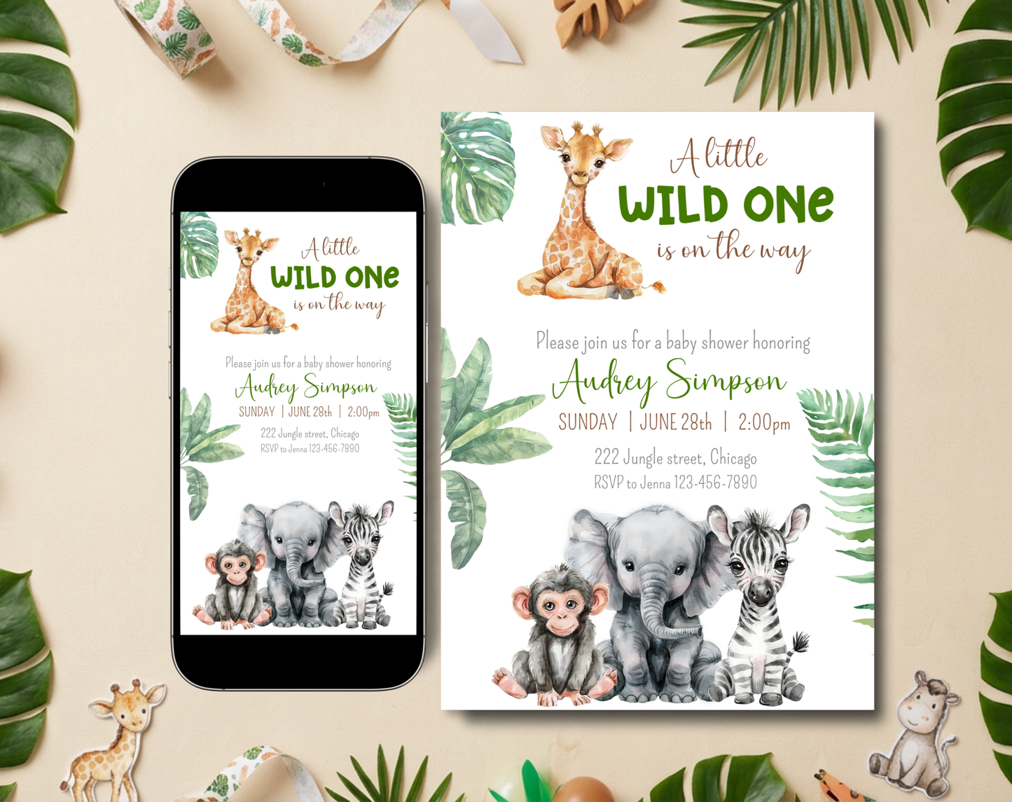 Safari Baby Shower Invitation Template | Editable Canva Template | 5x7in & WhatsApp | Digital Download