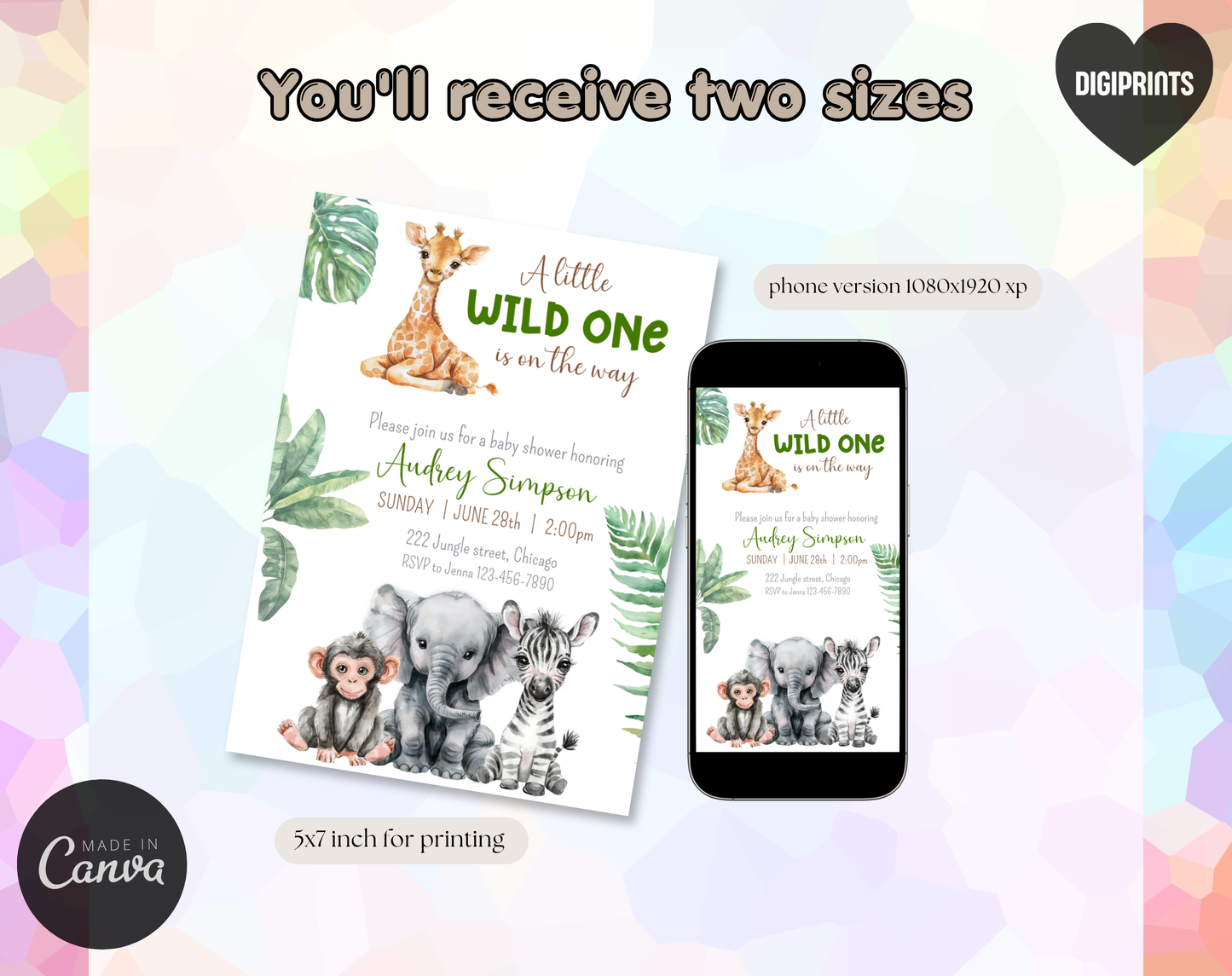 Safari Baby Shower Invitation Template | Editable Canva Template | 5x7in & WhatsApp | Digital Download