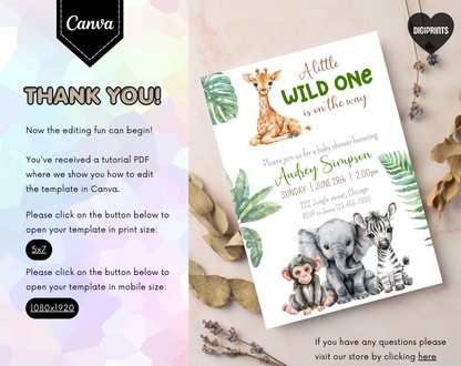 Safari Baby Shower Invitation Template | Editable Canva Template | 5x7in & WhatsApp | Digital Download