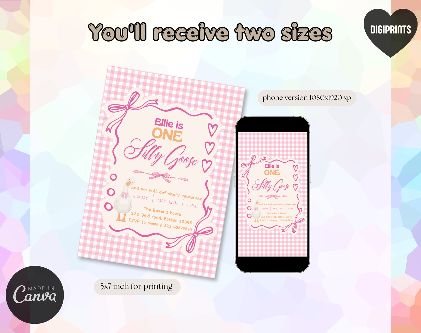 Silly Goose First Birthday Invitation Template | Editable Canva Template | 5x7in & WhatsApp | Digital Download