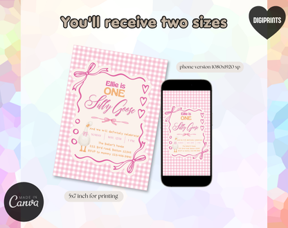 Silly Goose First Birthday Invitation Template | Editable Canva Template | 5x7in & WhatsApp | Digital Download