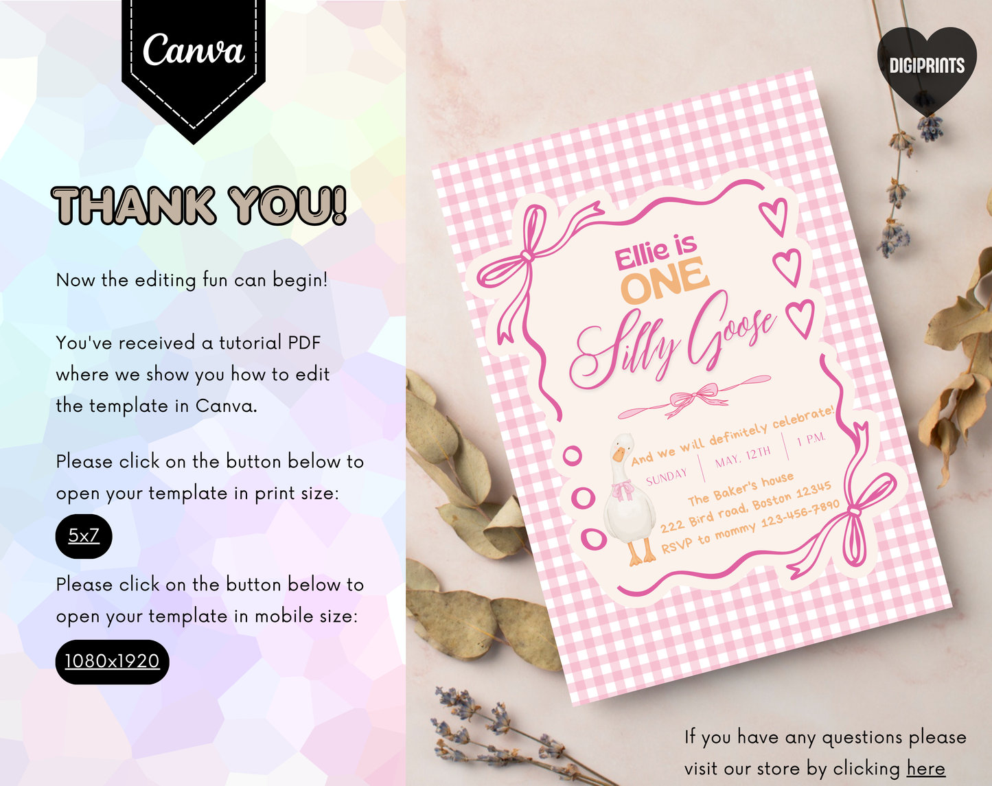 Silly Goose First Birthday Invitation Template | Editable Canva Template | 5x7in & WhatsApp | Digital Download