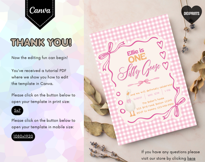 Silly Goose First Birthday Invitation Template | Editable Canva Template | 5x7in & WhatsApp | Digital Download