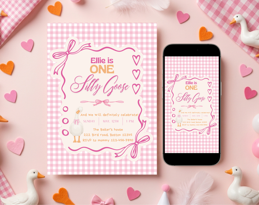 Silly Goose First Birthday Invitation Template | Editable Canva Template | 5x7in & WhatsApp | Digital Download