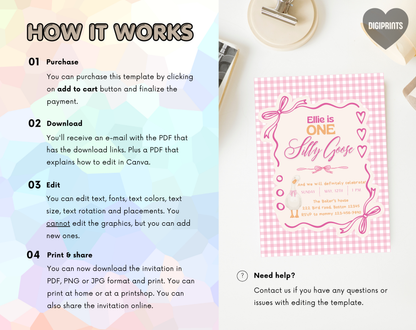 Silly Goose First Birthday Invitation Template | Editable Canva Template | 5x7in & WhatsApp | Digital Download