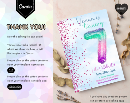 Glitter Balloon Seventh Birthday Invitation Template | Editable Canva Template | 5x7in & WhatsApp | Digital Download