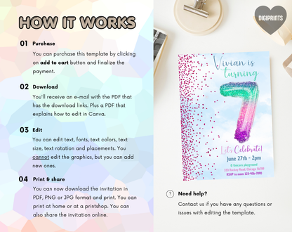 Glitter Balloon Seventh Birthday Invitation Template | Editable Canva Template | 5x7in & WhatsApp | Digital Download