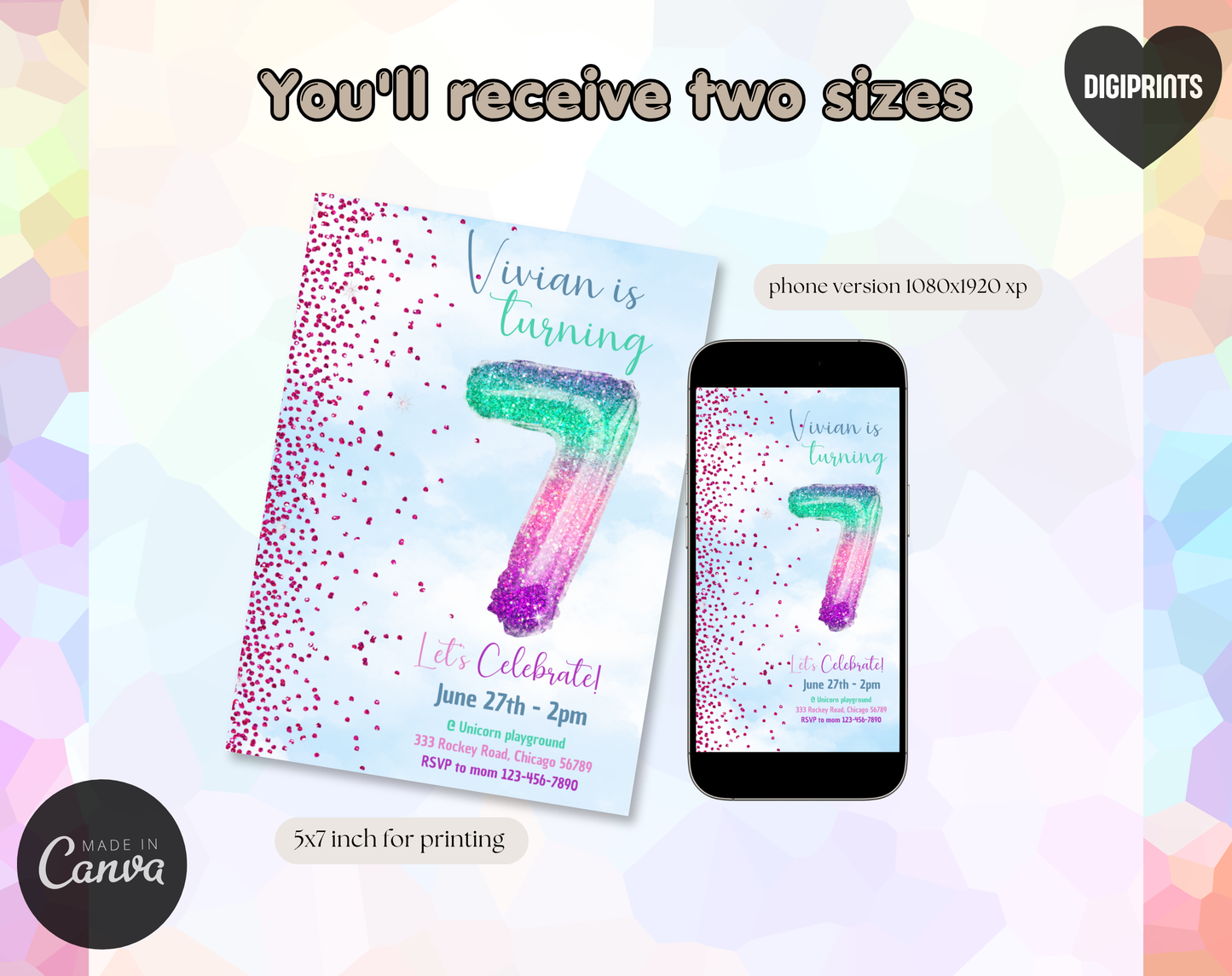 Glitter Balloon Seventh Birthday Invitation Template | Editable Canva Template | 5x7in & WhatsApp | Digital Download
