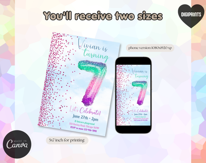 Glitter Balloon Seventh Birthday Invitation Template | Editable Canva Template | 5x7in & WhatsApp | Digital Download