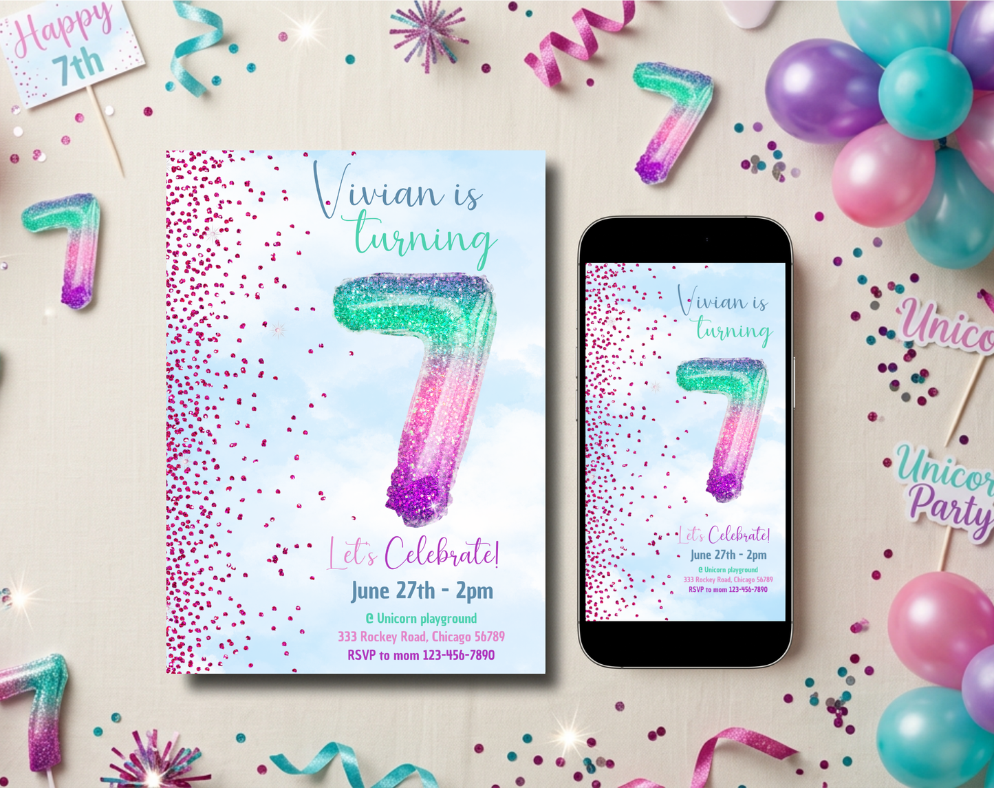 Glitter Balloon Seventh Birthday Invitation Template | Editable Canva Template | 5x7in & WhatsApp | Digital Download