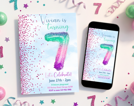 Glitter Balloon Seventh Birthday Invitation Template | Editable Canva Template | 5x7in & WhatsApp | Digital Download