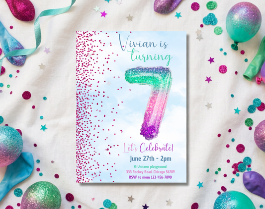 Glitter Balloon Seventh Birthday Invitation Template | Editable Canva Template | 5x7in & WhatsApp | Digital Download