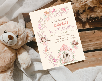 Fairy First Birthday Invitation Template | Editable Canva Template | 5x7in & WhatsApp | Digital Download