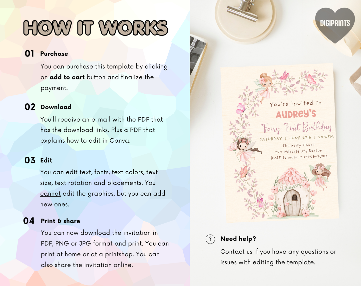 Fairy First Birthday Invitation Template | Editable Canva Template | 5x7in & WhatsApp | Digital Download