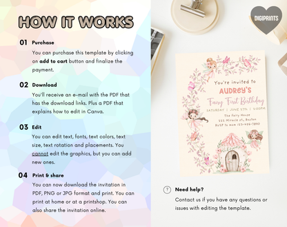 Fairy First Birthday Invitation Template | Editable Canva Template | 5x7in & WhatsApp | Digital Download