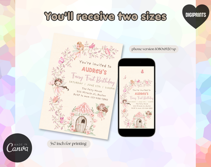 Fairy First Birthday Invitation Template | Editable Canva Template | 5x7in & WhatsApp | Digital Download