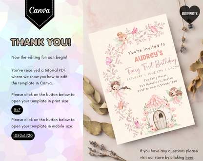 Fairy First Birthday Invitation Template | Editable Canva Template | 5x7in & WhatsApp | Digital Download