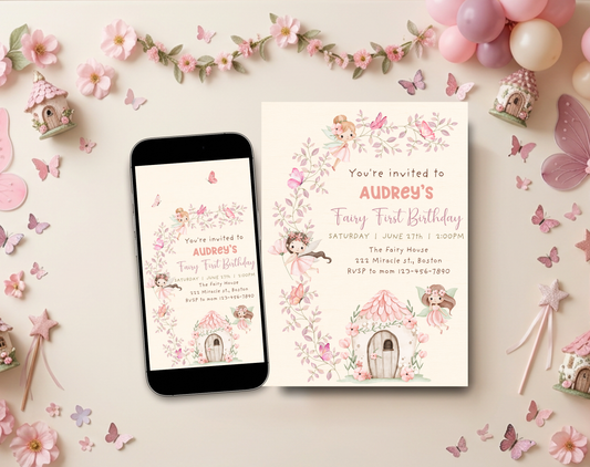 Fairy First Birthday Invitation Template | Editable Canva Template | 5x7in & WhatsApp | Digital Download