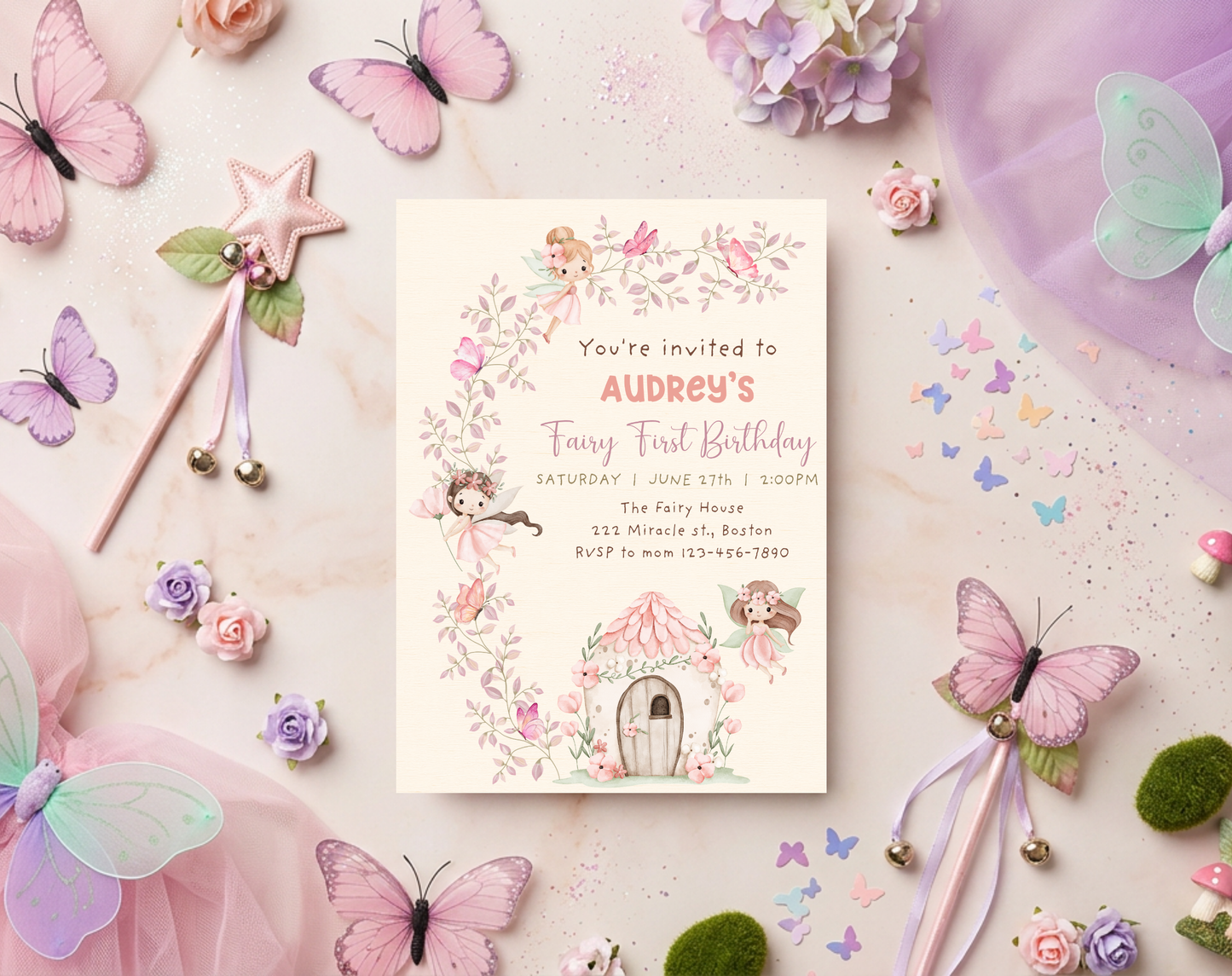 Fairy First Birthday Invitation Template | Editable Canva Template | 5x7in & WhatsApp | Digital Download