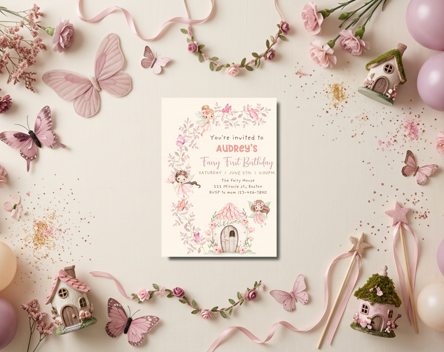 Fairy First Birthday Invitation Template | Editable Canva Template | 5x7in & WhatsApp | Digital Download