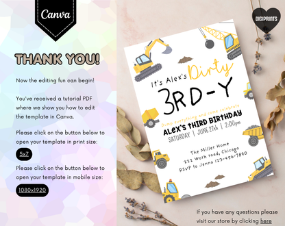 Construction Third Birthday Invitation Template | Editable Canva Template | 5x7in & WhatsApp | Digital Download