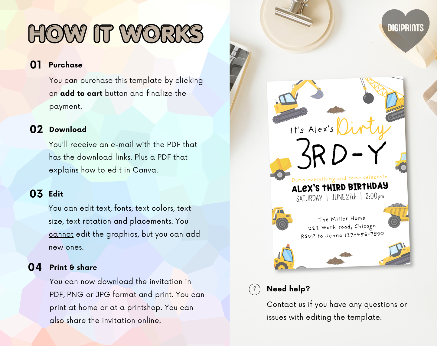 Construction Third Birthday Invitation Template | Editable Canva Template | 5x7in & WhatsApp | Digital Download