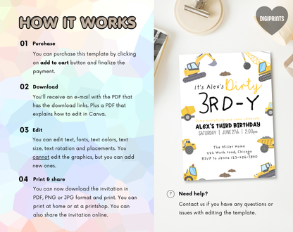Construction Third Birthday Invitation Template | Editable Canva Template | 5x7in & WhatsApp | Digital Download