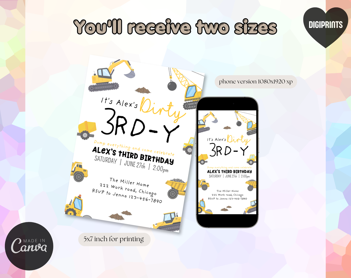 Construction Third Birthday Invitation Template | Editable Canva Template | 5x7in & WhatsApp | Digital Download