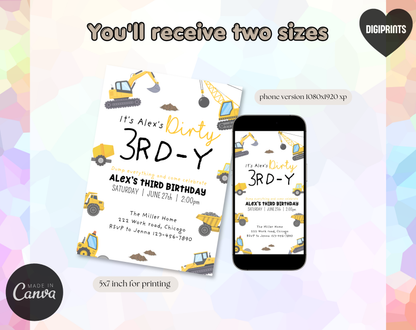 Construction Third Birthday Invitation Template | Editable Canva Template | 5x7in & WhatsApp | Digital Download