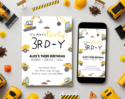 Construction Third Birthday Invitation Template | Editable Canva Template | 5x7in & WhatsApp | Digital Download
