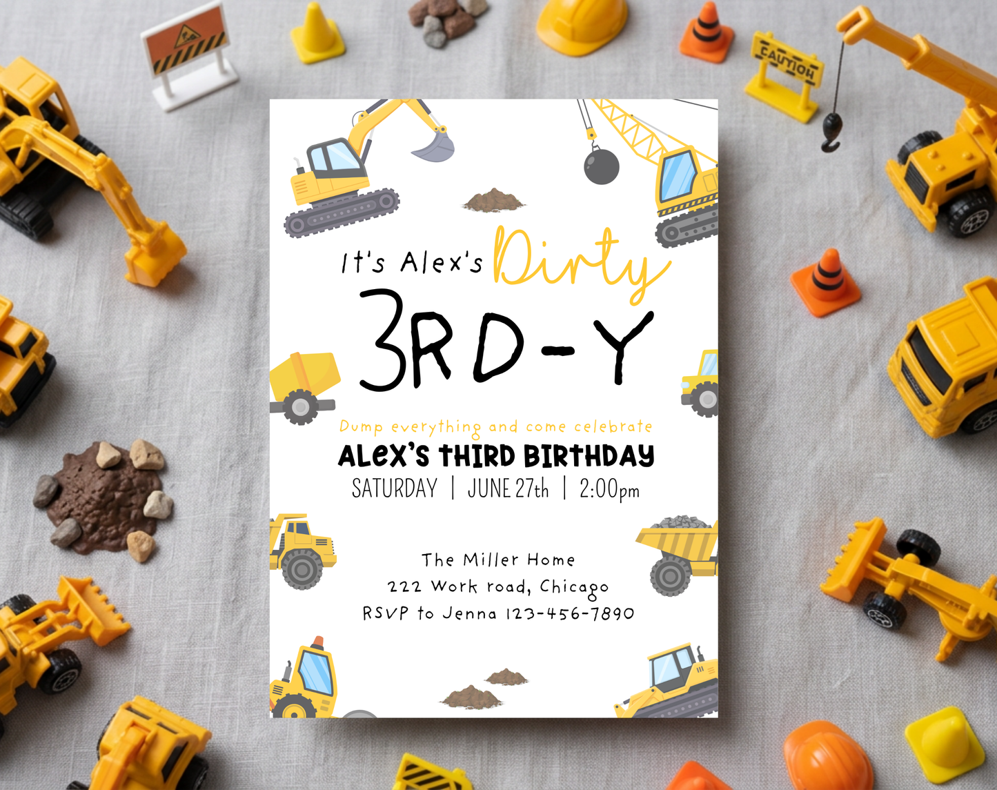 Construction Third Birthday Invitation Template | Editable Canva Template | 5x7in & WhatsApp | Digital Download