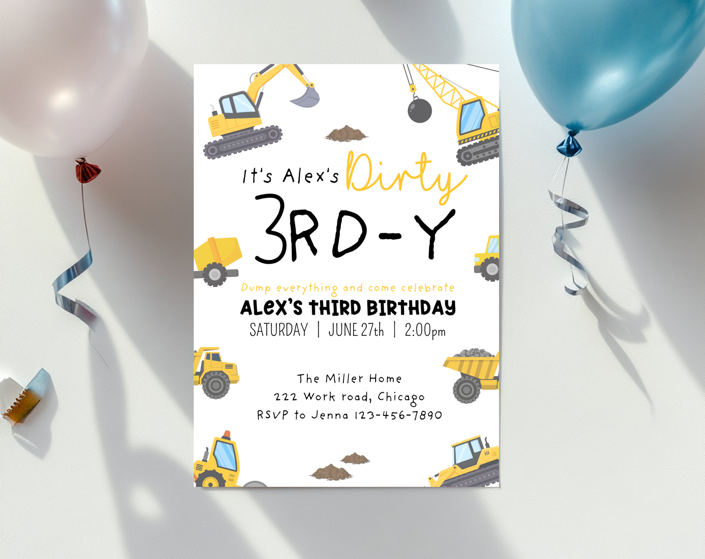 Construction Third Birthday Invitation Template | Editable Canva Template | 5x7in & WhatsApp | Digital Download