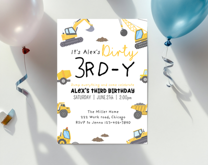 Construction Third Birthday Invitation Template | Editable Canva Template | 5x7in & WhatsApp | Digital Download