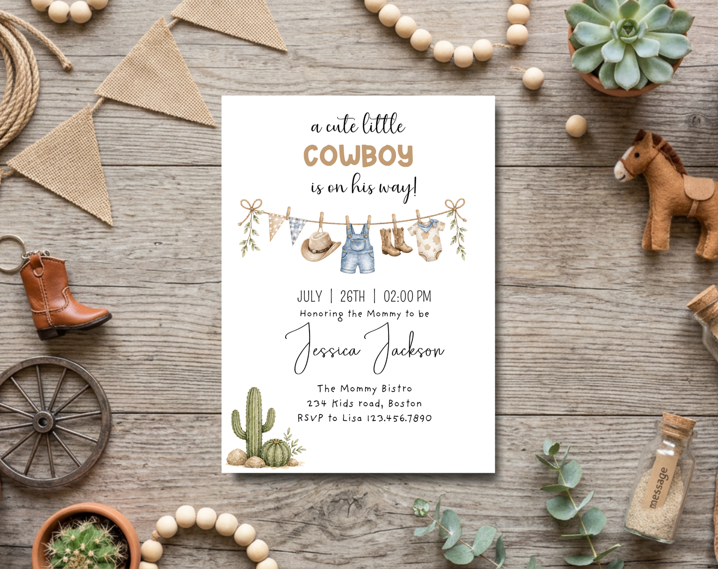 Little Cowboy Baby Shower Invitation Template | Editable Canva Template | 5x7in & WhatsApp | Digital Download