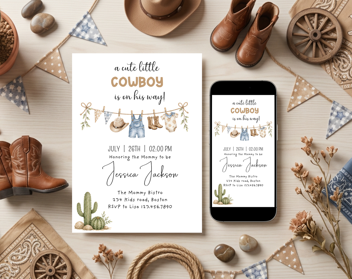 Little Cowboy Baby Shower Invitation Template | Editable Canva Template | 5x7in & WhatsApp | Digital Download