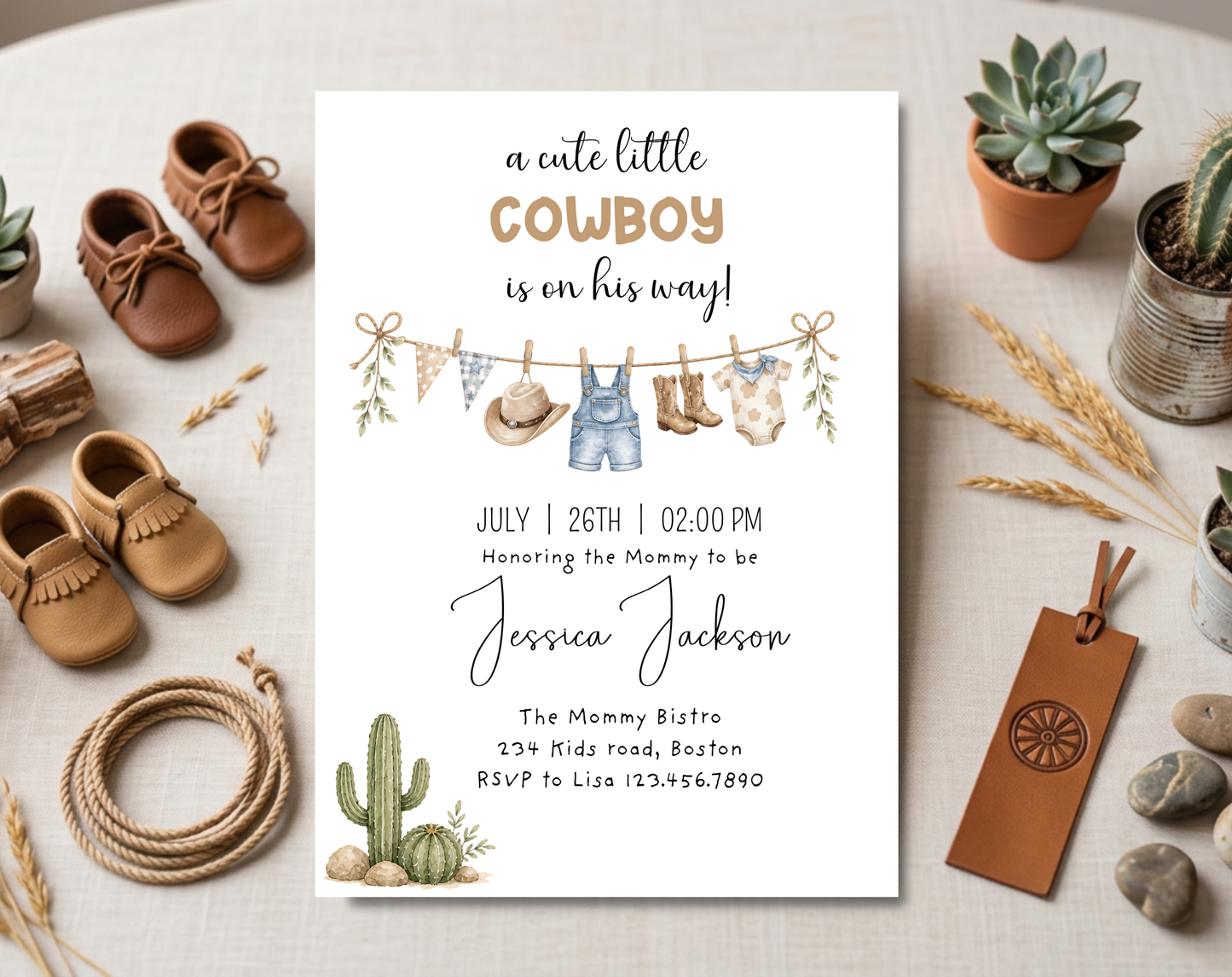Little Cowboy Baby Shower Invitation Template | Editable Canva Template | 5x7in & WhatsApp | Digital Download