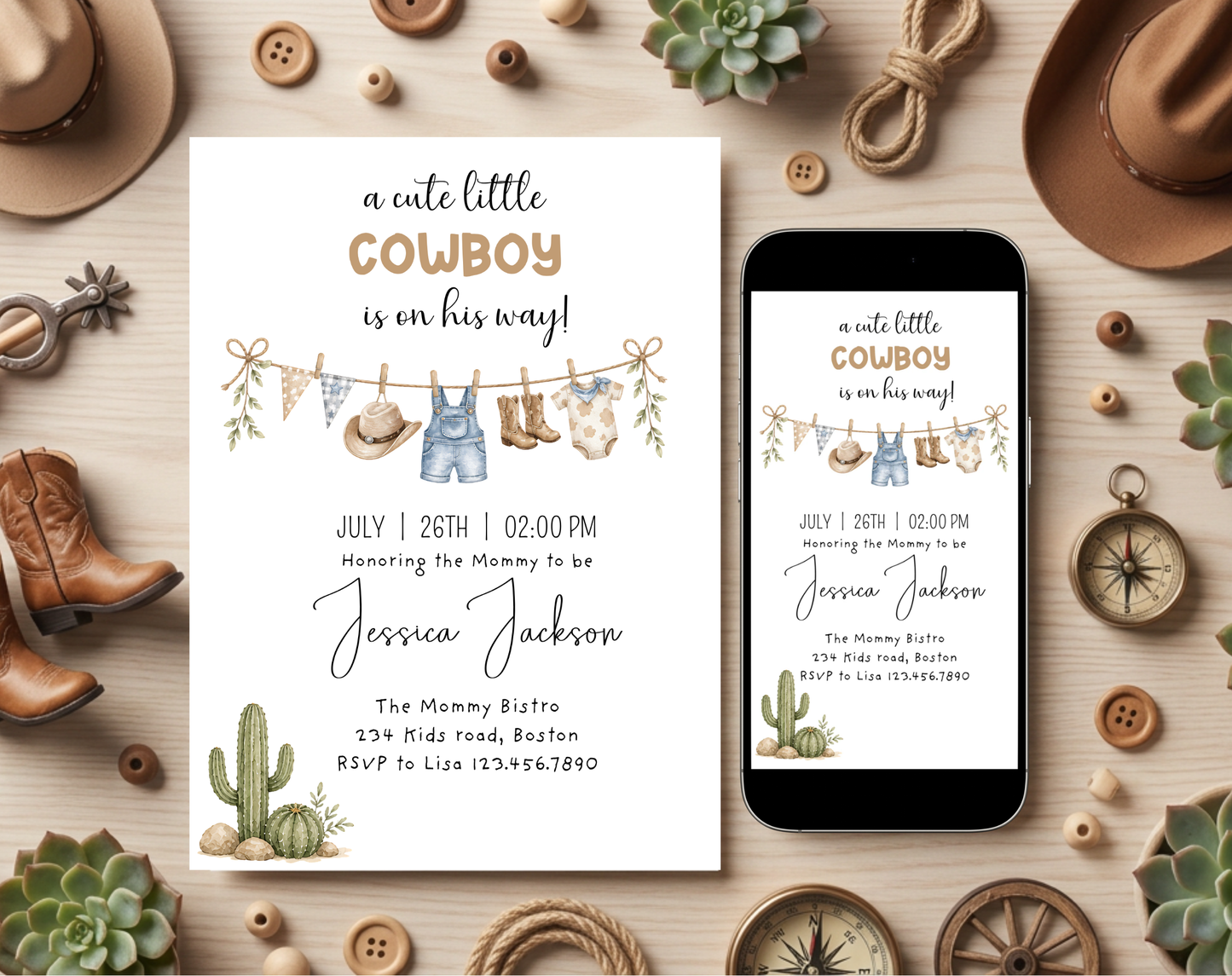 Little Cowboy Baby Shower Invitation Template | Editable Canva Template | 5x7in & WhatsApp | Digital Download