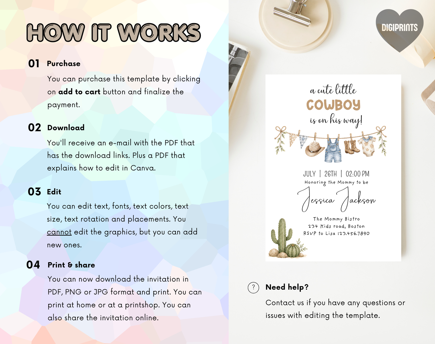 Little Cowboy Baby Shower Invitation Template | Editable Canva Template | 5x7in & WhatsApp | Digital Download