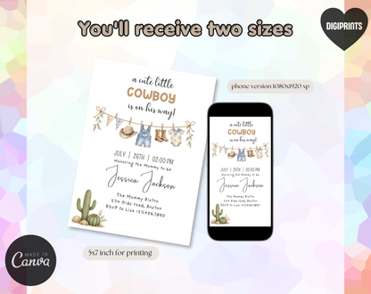 Little Cowboy Baby Shower Invitation Template | Editable Canva Template | 5x7in & WhatsApp | Digital Download