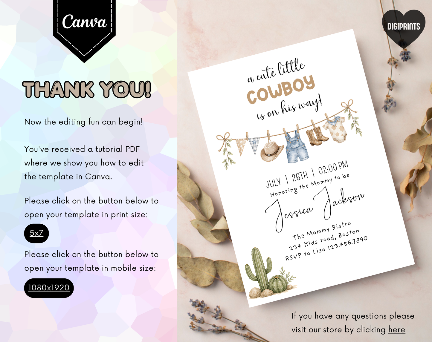 Little Cowboy Baby Shower Invitation Template | Editable Canva Template | 5x7in & WhatsApp | Digital Download