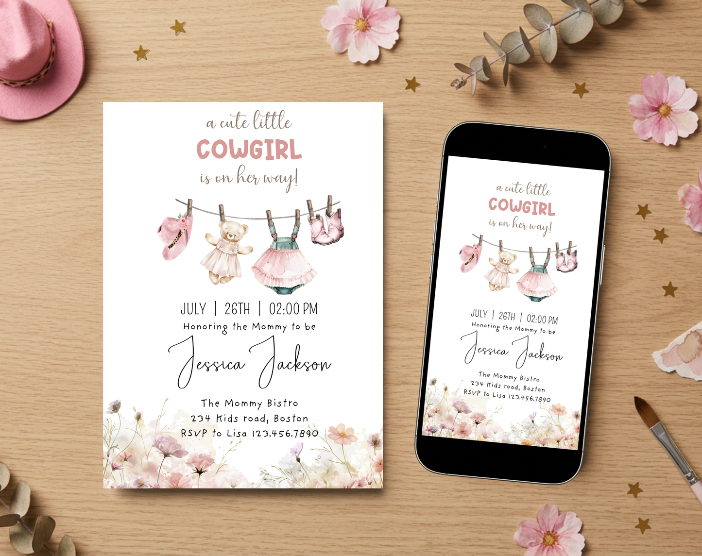 Little Cowgirl Baby Shower Invitation Template | Editable Canva Template | 5x7in & WhatsApp | Digital Download
